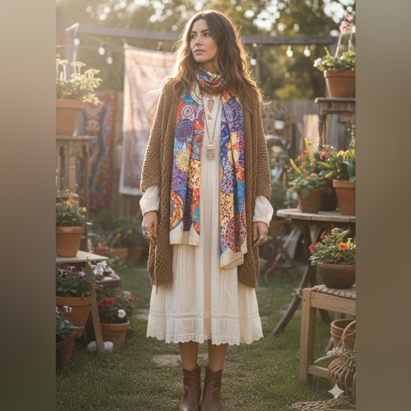 silk Accessories - Silk Scarf 100% Colorful Square 42”x42” Bohemian Festival Artsy Hippie Lagenlook